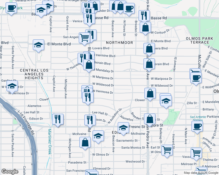 map of restaurants, bars, coffee shops, grocery stores, and more near 514 West Wildwood in San Antonio