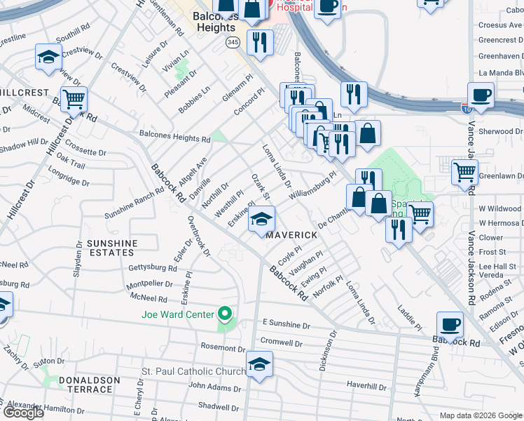 map of restaurants, bars, coffee shops, grocery stores, and more near 219 Erskine Place in San Antonio