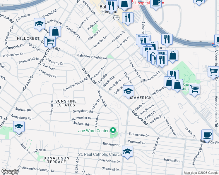 map of restaurants, bars, coffee shops, grocery stores, and more near 443 Westhill Place in San Antonio