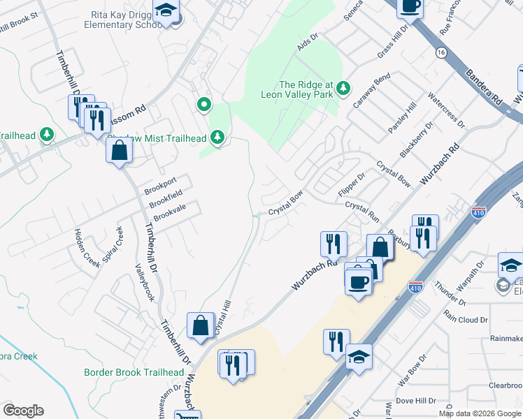 map of restaurants, bars, coffee shops, grocery stores, and more near 4707 Crystal Hill in San Antonio