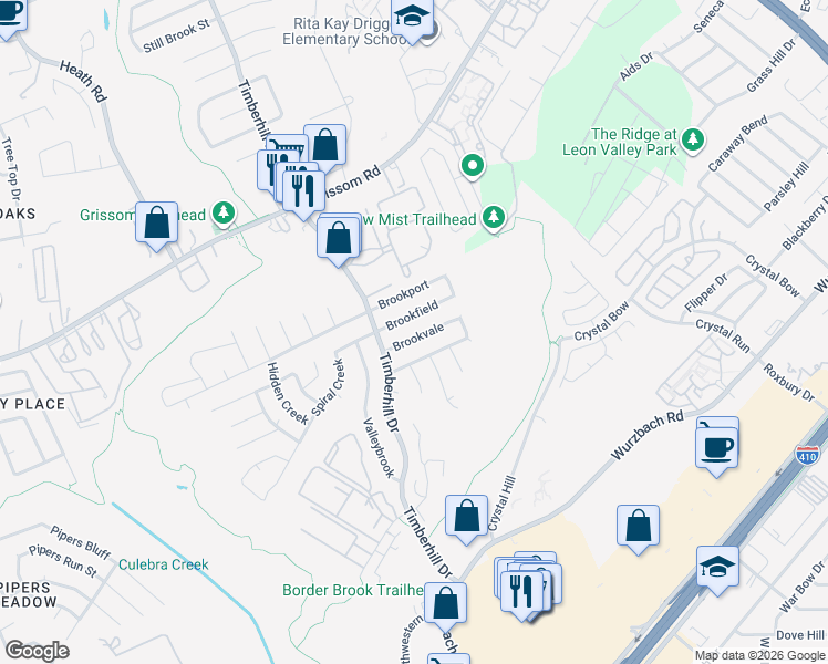 map of restaurants, bars, coffee shops, grocery stores, and more near 6823 Brookvale in San Antonio