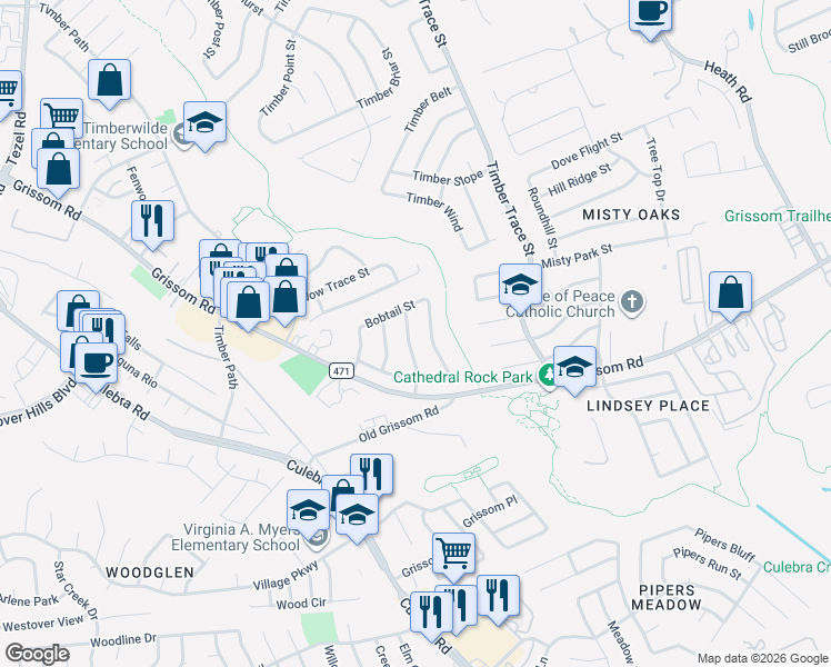 map of restaurants, bars, coffee shops, grocery stores, and more near 4638 French Meadow Street in San Antonio