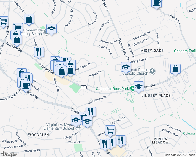 map of restaurants, bars, coffee shops, grocery stores, and more near 4638 French Meadow Street in San Antonio