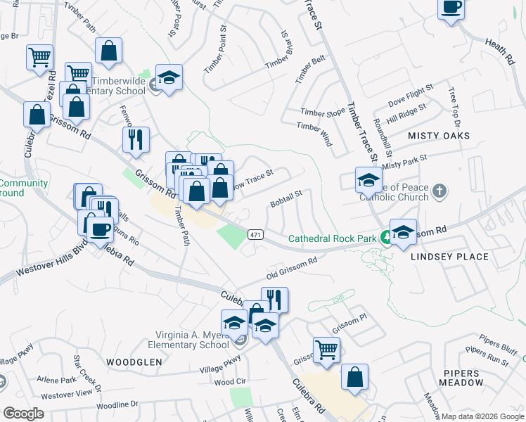 map of restaurants, bars, coffee shops, grocery stores, and more near 8874 Meadow Range Street in San Antonio