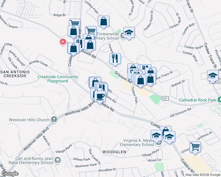 map of restaurants, bars, coffee shops, grocery stores, and more near 9007 Laguna Falls in San Antonio