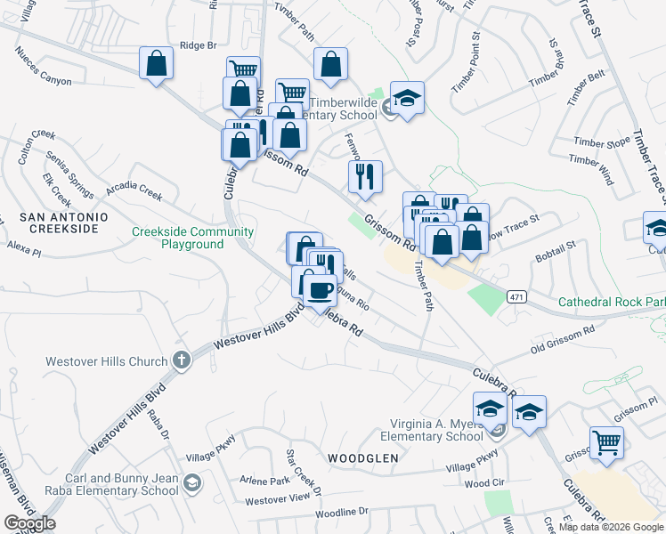 map of restaurants, bars, coffee shops, grocery stores, and more near 9102 Laguna Falls in San Antonio