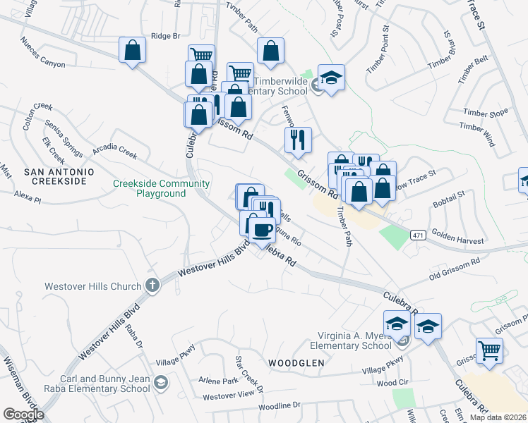 map of restaurants, bars, coffee shops, grocery stores, and more near 9102 Laguna Falls in San Antonio