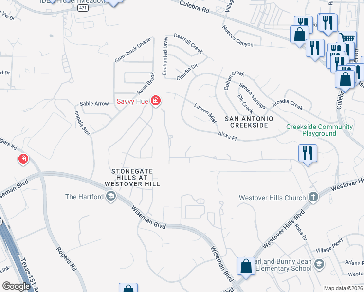 map of restaurants, bars, coffee shops, grocery stores, and more near 4719 Barons Ridge Drive in San Antonio