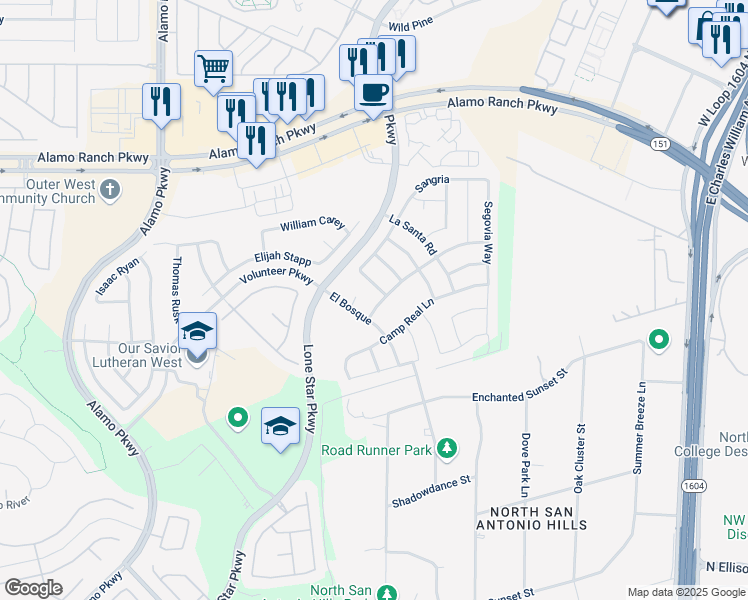 map of restaurants, bars, coffee shops, grocery stores, and more near 4802 Barboli in San Antonio