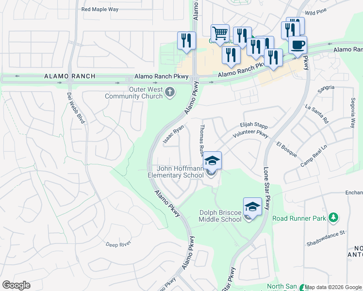 map of restaurants, bars, coffee shops, grocery stores, and more near 4611 Amos Pollard in San Antonio