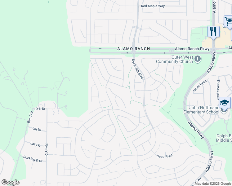 map of restaurants, bars, coffee shops, grocery stores, and more near 12706 Pronghorn Oak in San Antonio