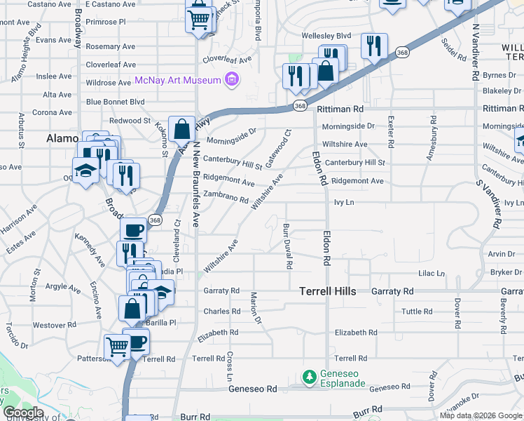 map of restaurants, bars, coffee shops, grocery stores, and more near 420 Wiltshire Avenue in San Antonio