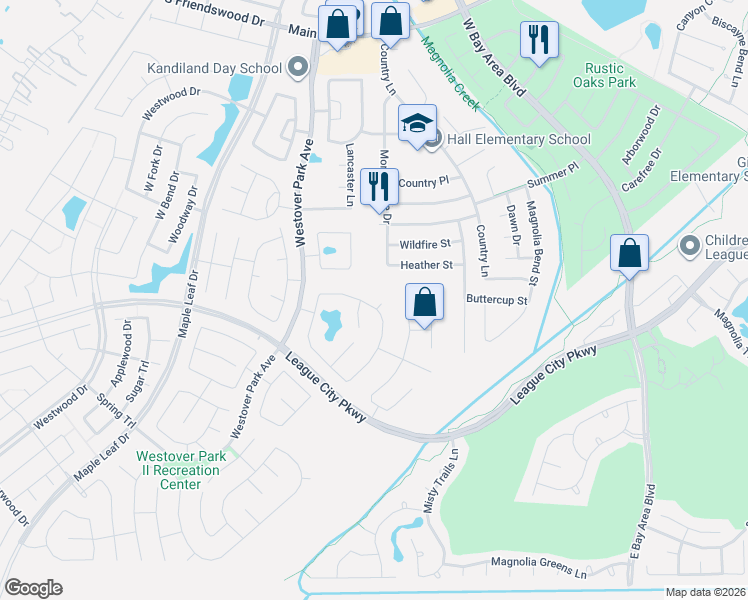 map of restaurants, bars, coffee shops, grocery stores, and more near 6148 Southwell Lane in League City
