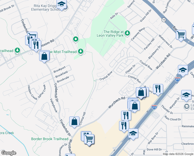 map of restaurants, bars, coffee shops, grocery stores, and more near 4707 Crystal Hill in San Antonio