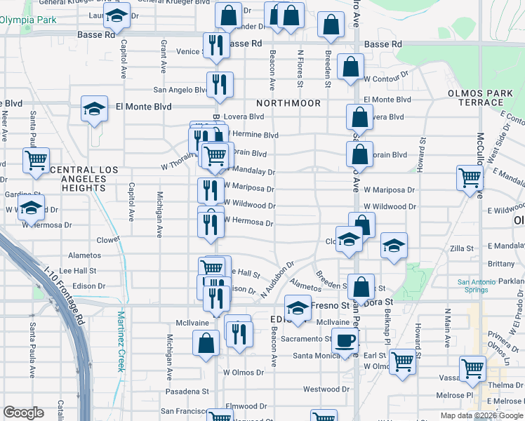 map of restaurants, bars, coffee shops, grocery stores, and more near 514 West Wildwood Drive in San Antonio