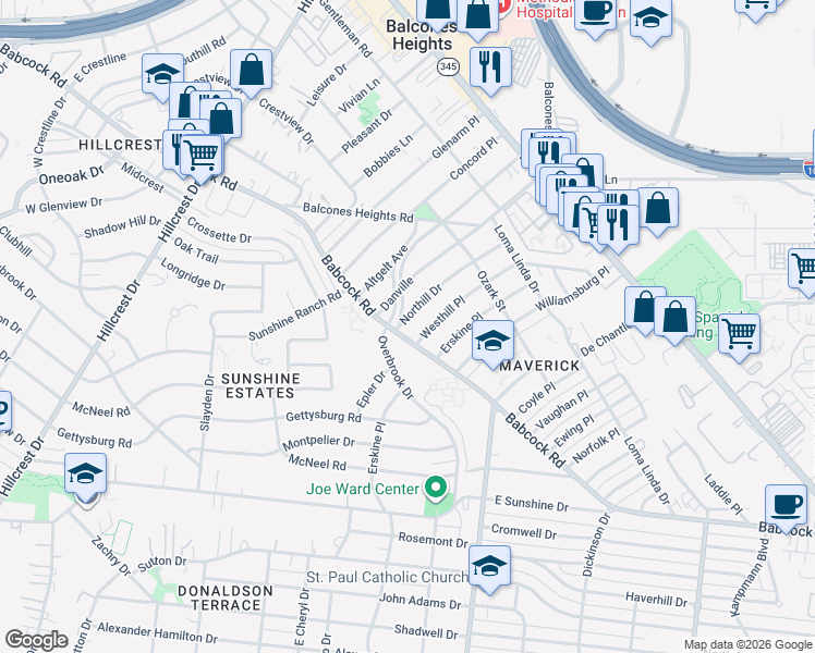 map of restaurants, bars, coffee shops, grocery stores, and more near 262 Northill Drive in San Antonio
