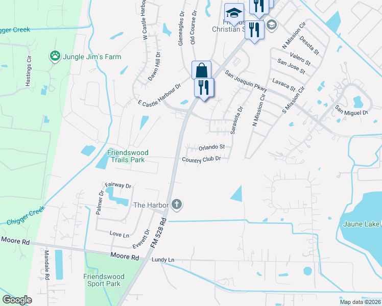 map of restaurants, bars, coffee shops, grocery stores, and more near 1602 Orlando Street in Friendswood
