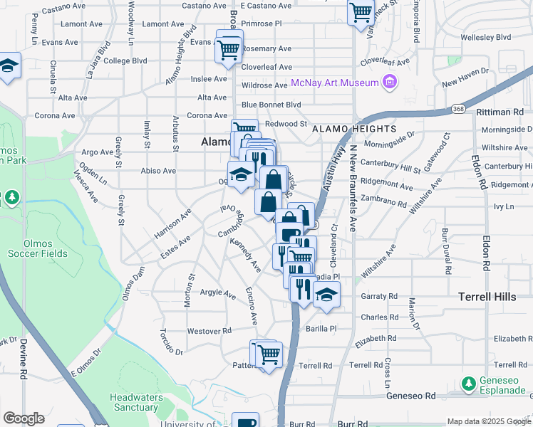 map of restaurants, bars, coffee shops, grocery stores, and more near Broadway St & Willim St in Alamo Heights