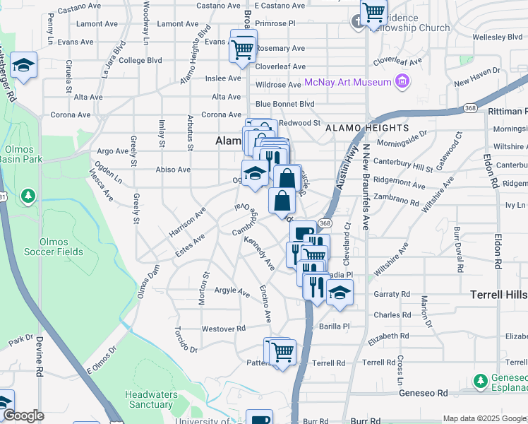 map of restaurants, bars, coffee shops, grocery stores, and more near 952 Cambridge Oval in San Antonio