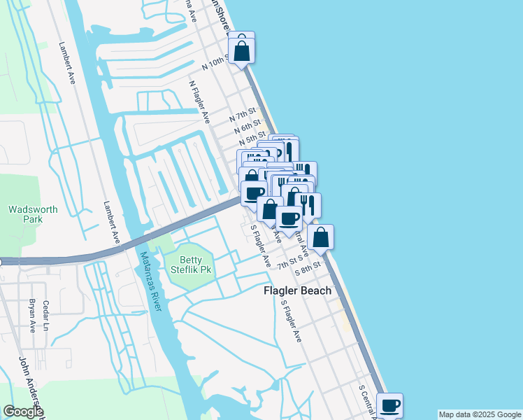 map of restaurants, bars, coffee shops, grocery stores, and more near 204 South Daytona Avenue in Flagler Beach