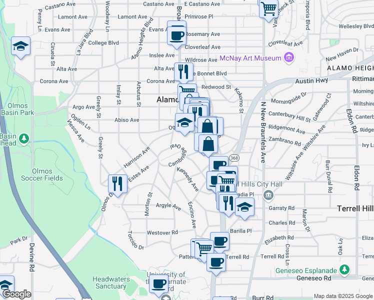 map of restaurants, bars, coffee shops, grocery stores, and more near 952 Cambridge Oval in San Antonio