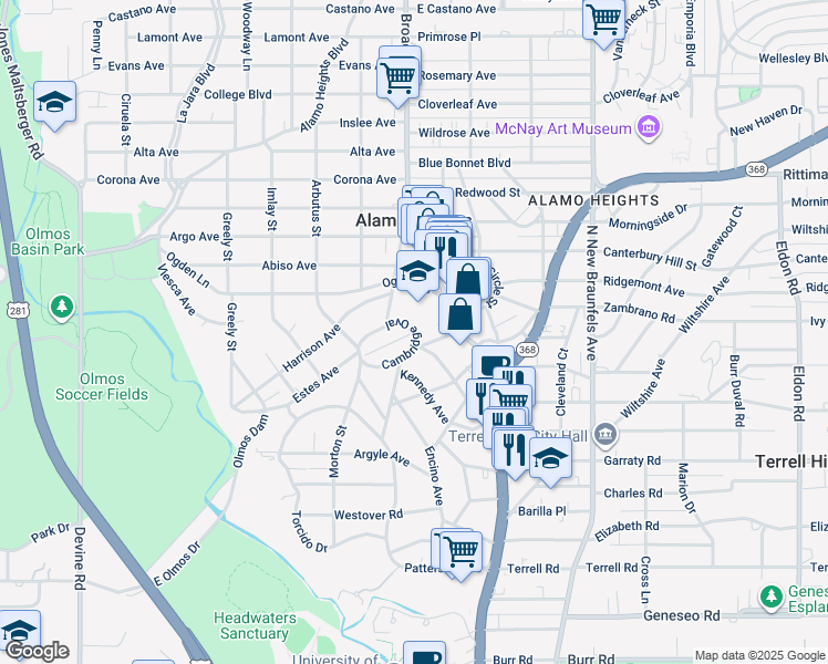 map of restaurants, bars, coffee shops, grocery stores, and more near 702 Cambridge Oval in Alamo Heights