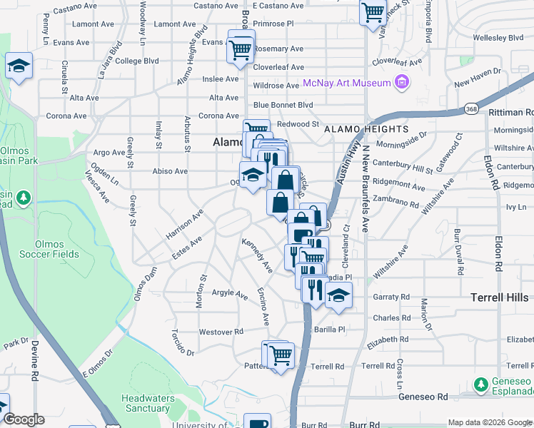 map of restaurants, bars, coffee shops, grocery stores, and more near 5800 Broadway in Alamo Heights