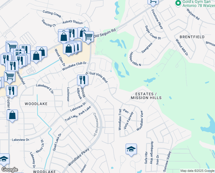 map of restaurants, bars, coffee shops, grocery stores, and more near 7303 Alcazar Gate in San Antonio