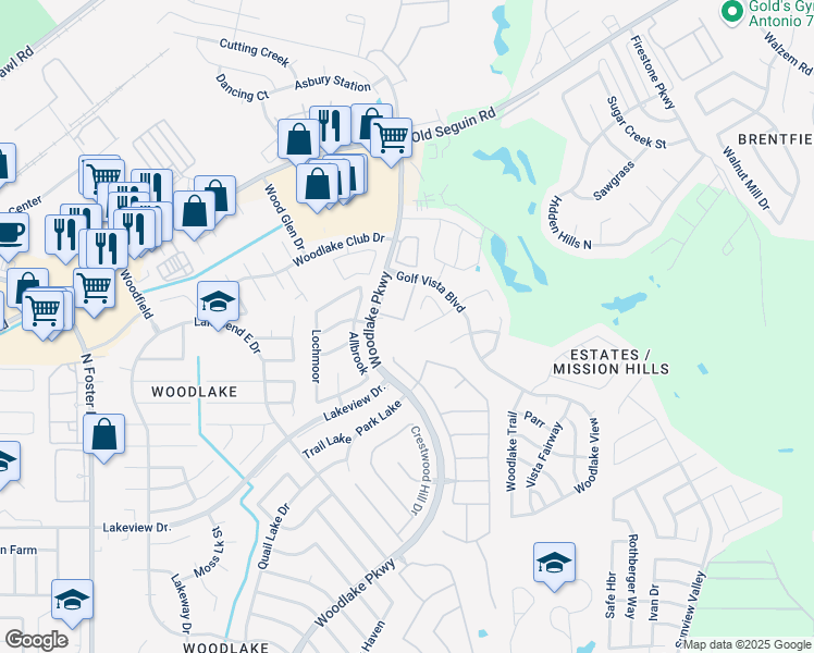 map of restaurants, bars, coffee shops, grocery stores, and more near 6000 Woodlake Parkway in San Antonio