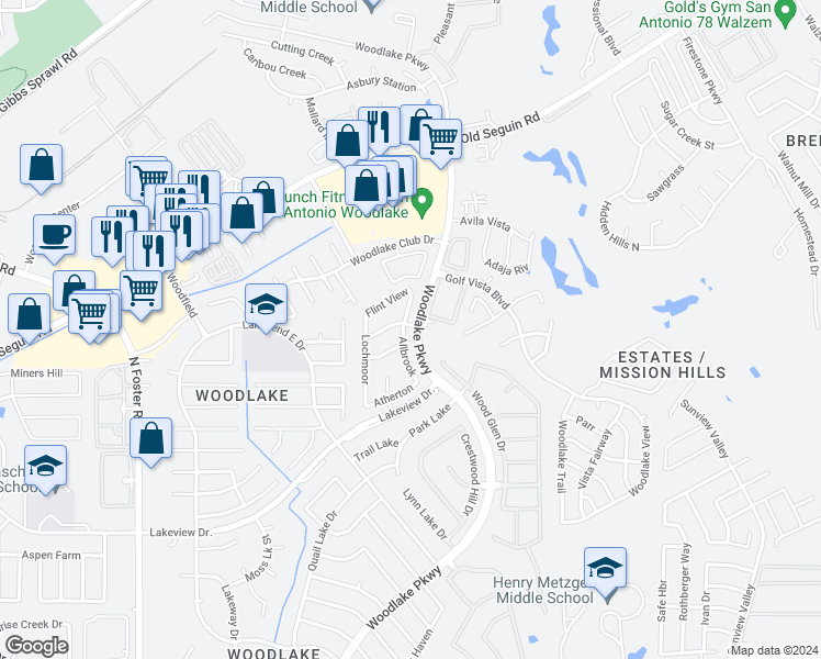 map of restaurants, bars, coffee shops, grocery stores, and more near 5610 Allbrook in San Antonio