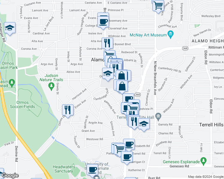 map of restaurants, bars, coffee shops, grocery stores, and more near 952 Cambridge Oval in San Antonio