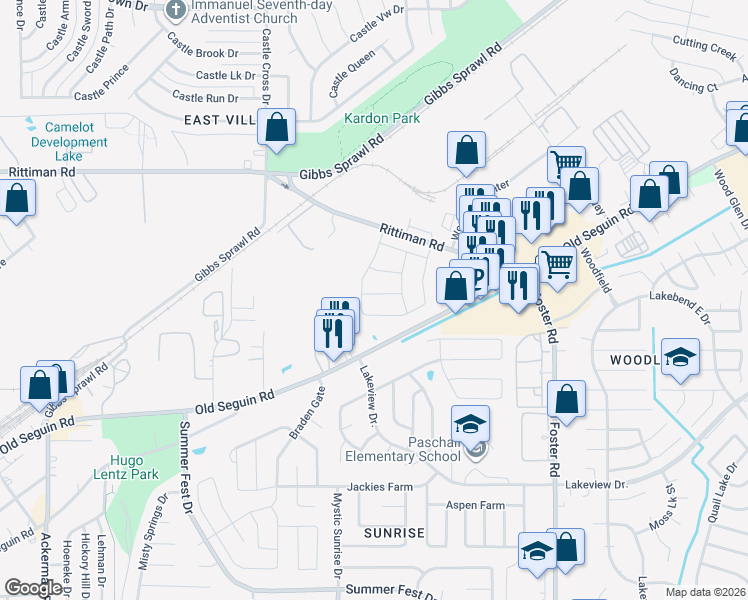 map of restaurants, bars, coffee shops, grocery stores, and more near 5495 Seguin Road in San Antonio