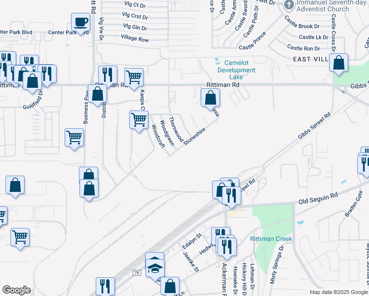 map of restaurants, bars, coffee shops, grocery stores, and more near 5802 Thornwood in San Antonio