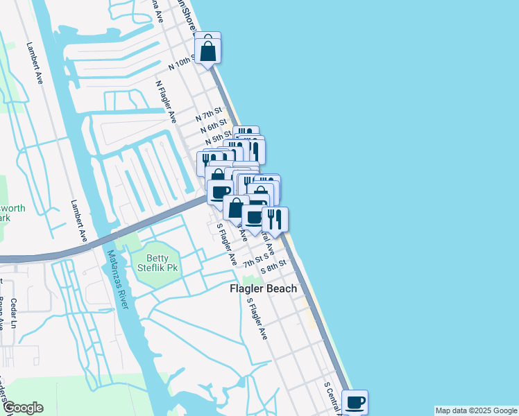 map of restaurants, bars, coffee shops, grocery stores, and more near 301 South Central Avenue in Flagler Beach