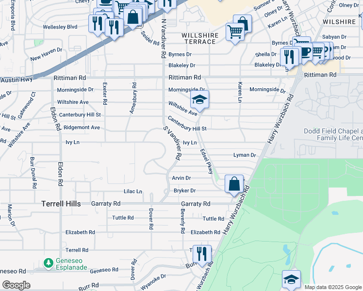 map of restaurants, bars, coffee shops, grocery stores, and more near 900 Ivy Lane in San Antonio