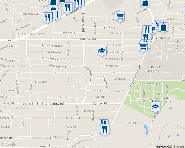 map of restaurants, bars, coffee shops, grocery stores, and more near 900 Ivy Lane in San Antonio