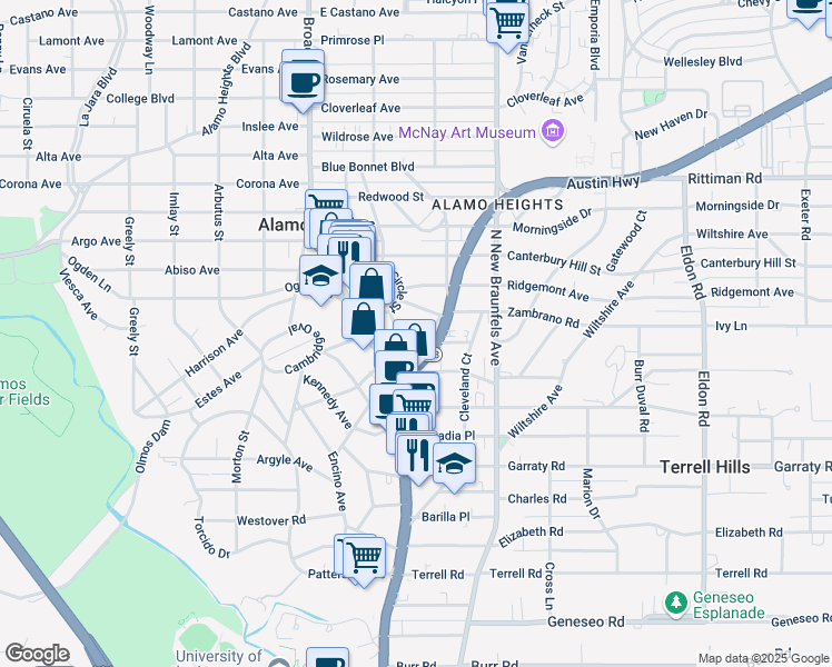 map of restaurants, bars, coffee shops, grocery stores, and more near 101 Fenimore Avenue in San Antonio