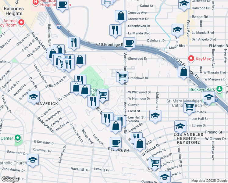 map of restaurants, bars, coffee shops, grocery stores, and more near 1352 Gardina Street in San Antonio
