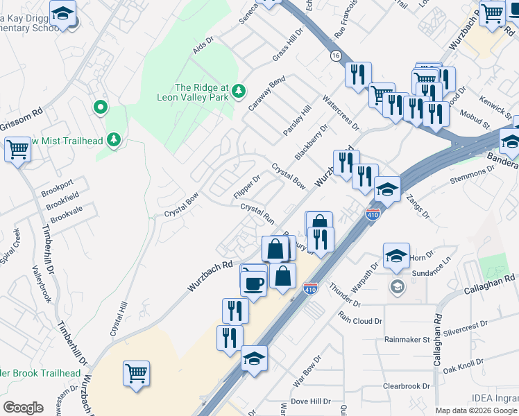 map of restaurants, bars, coffee shops, grocery stores, and more near 4804 Appleseed Court in San Antonio
