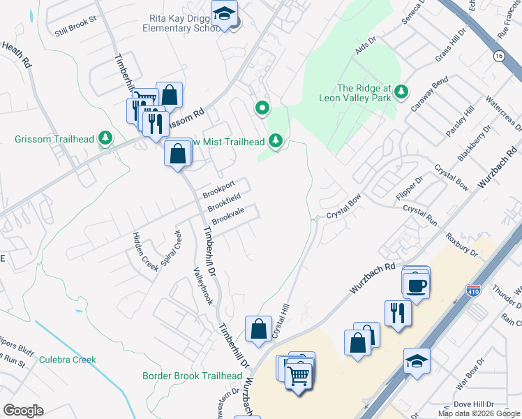 map of restaurants, bars, coffee shops, grocery stores, and more near 4810 Cedar Brook Drive in San Antonio