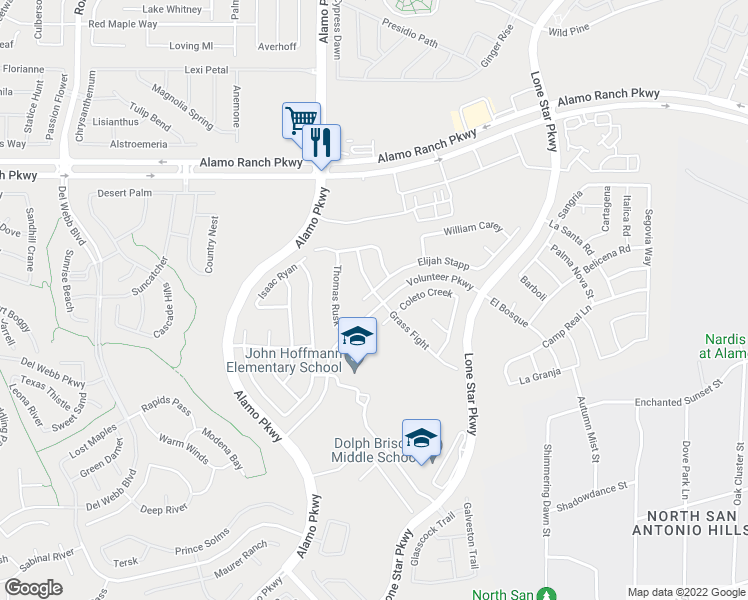 map of restaurants, bars, coffee shops, grocery stores, and more near 12102 Elijah Stapp in San Antonio