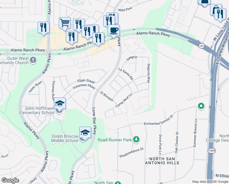 map of restaurants, bars, coffee shops, grocery stores, and more near 4802 Barboli in San Antonio