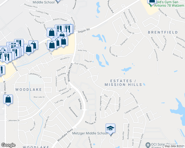 map of restaurants, bars, coffee shops, grocery stores, and more near 7303 Alcazar Gate in San Antonio
