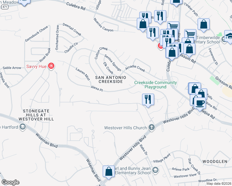 map of restaurants, bars, coffee shops, grocery stores, and more near 9638 Alexa Place in San Antonio