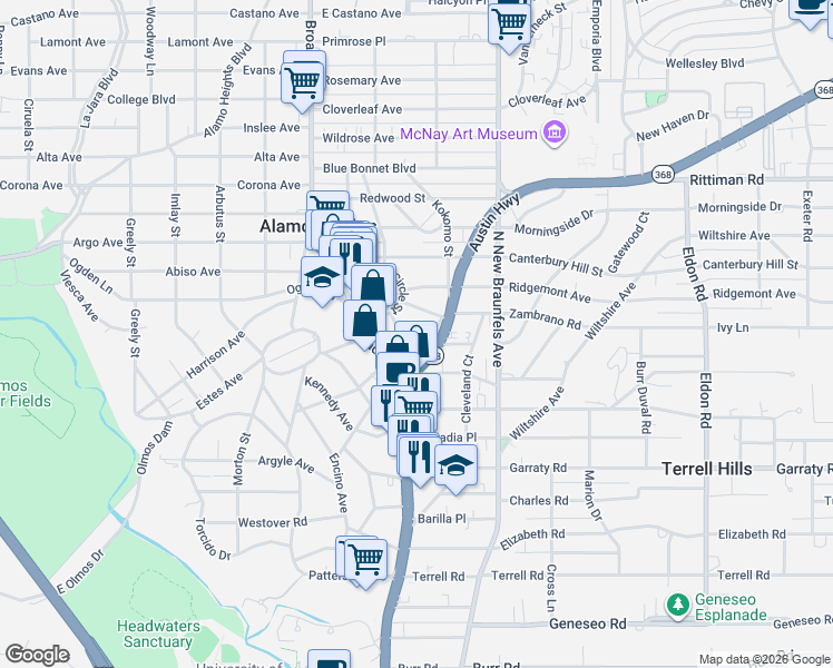 map of restaurants, bars, coffee shops, grocery stores, and more near 101 Fenimore Avenue in San Antonio