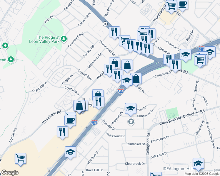 map of restaurants, bars, coffee shops, grocery stores, and more near 5827 Northwest Loop 410 in San Antonio