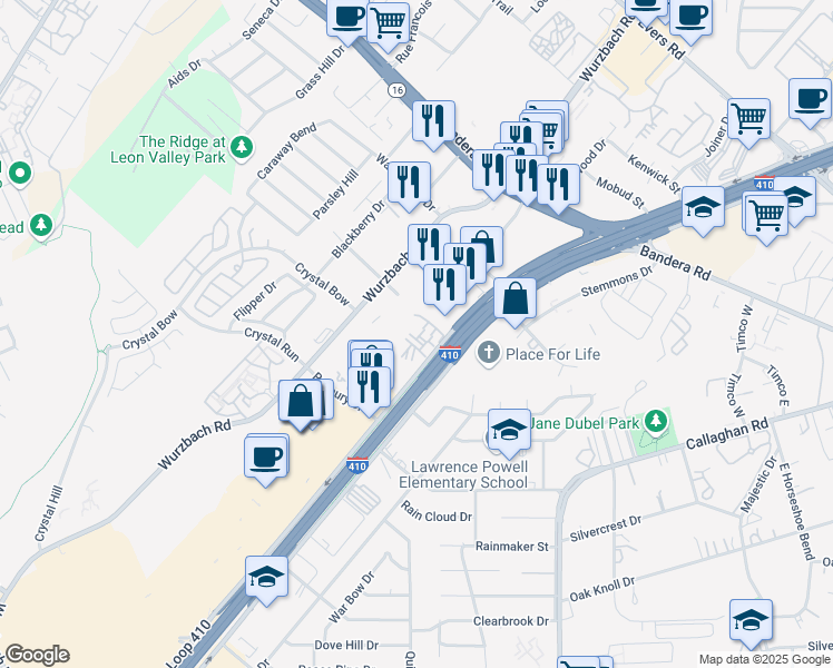 map of restaurants, bars, coffee shops, grocery stores, and more near 6202 Roxbury Drive in San Antonio