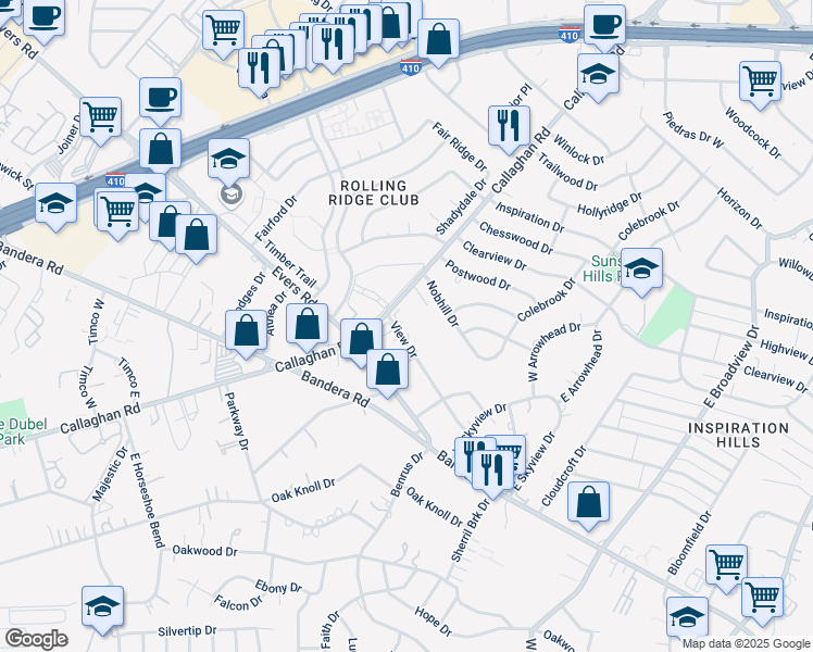 map of restaurants, bars, coffee shops, grocery stores, and more near 4991 View Drive in San Antonio