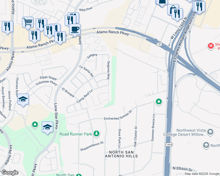 map of restaurants, bars, coffee shops, grocery stores, and more near 4714 Segovia Way in San Antonio