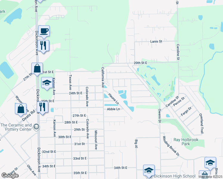 map of restaurants, bars, coffee shops, grocery stores, and more near 2147 Aruba Calle in Dickinson